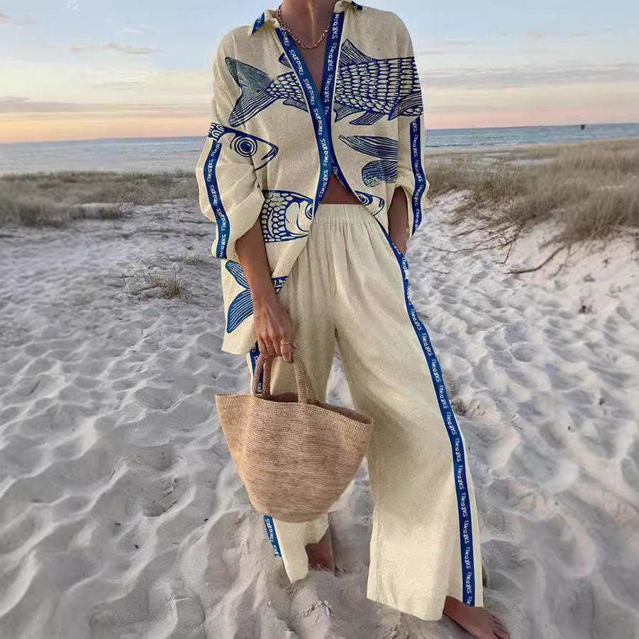 Yazette™ | Blue Fish Print Beach Set
