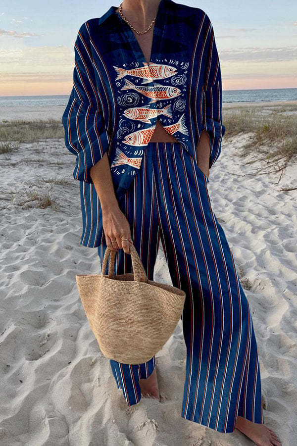 Zairine™ | Long Beach Set with Blue Koi Print