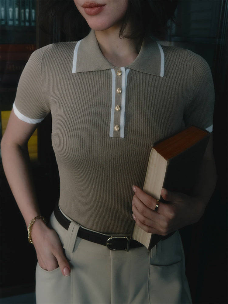Button-Trim Knit Blouse