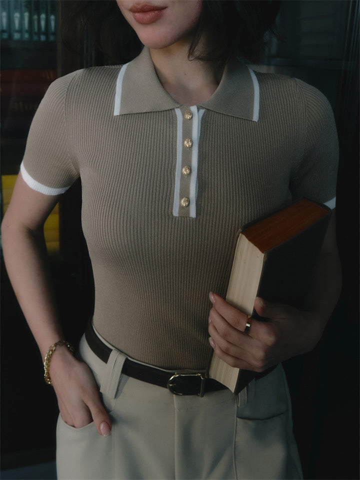 Button-Trim Knit Blouse