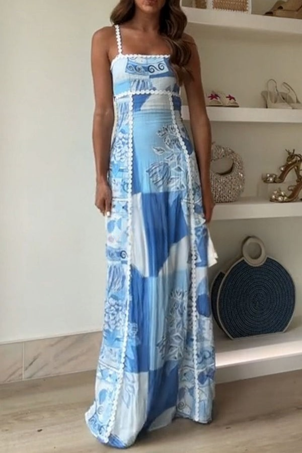 Terazza Ric Rac Linen Trims Unique Print Back Tie-up Slip Flared Linen Maxi Dress