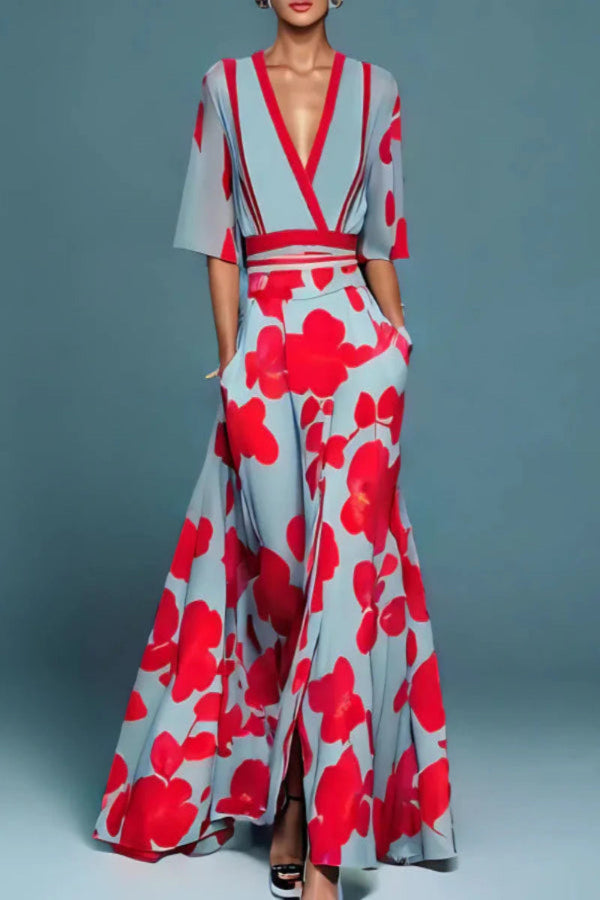 Nova™ Floral Breeze V-neck Maxi Dress with Elegant Sleeves