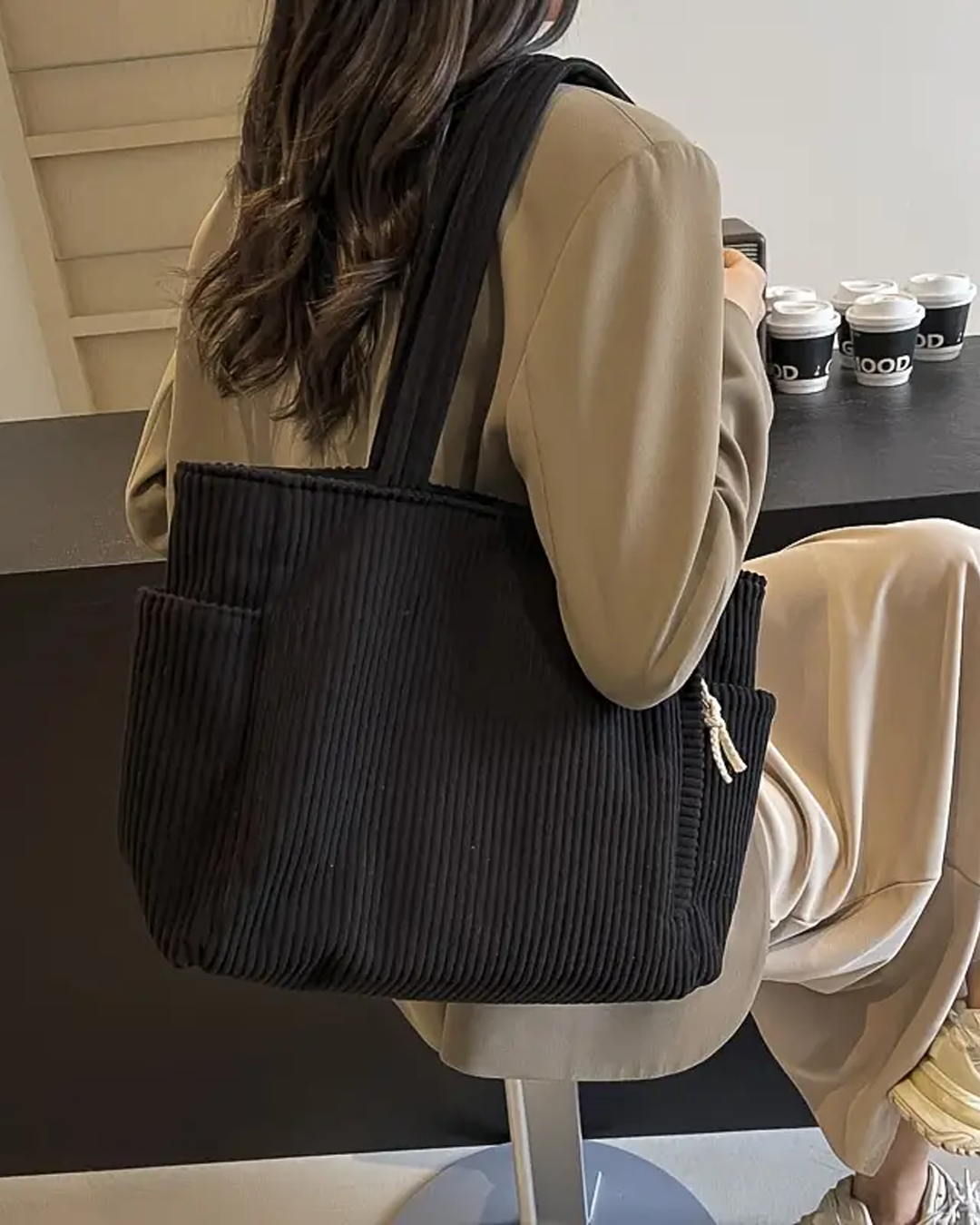 Trina – Ribbed Tote Bag with Cord Detail