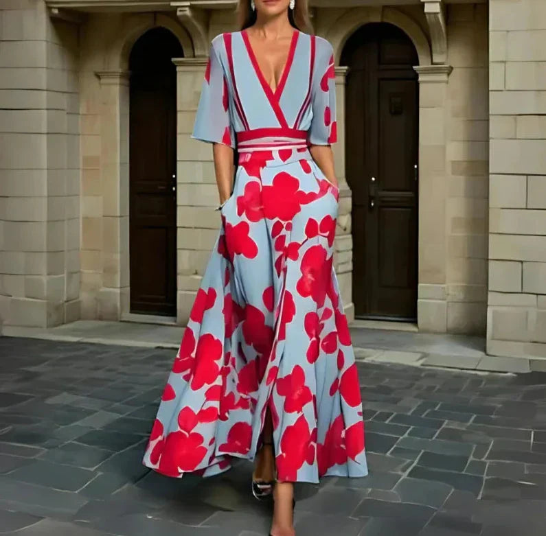 Nova™ Floral Breeze V-neck Maxi Dress with Elegant Sleeves