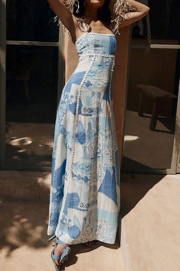 Terazza Ric Rac Linen Trims Unique Print Back Tie-up Slip Flared Linen Maxi Dress