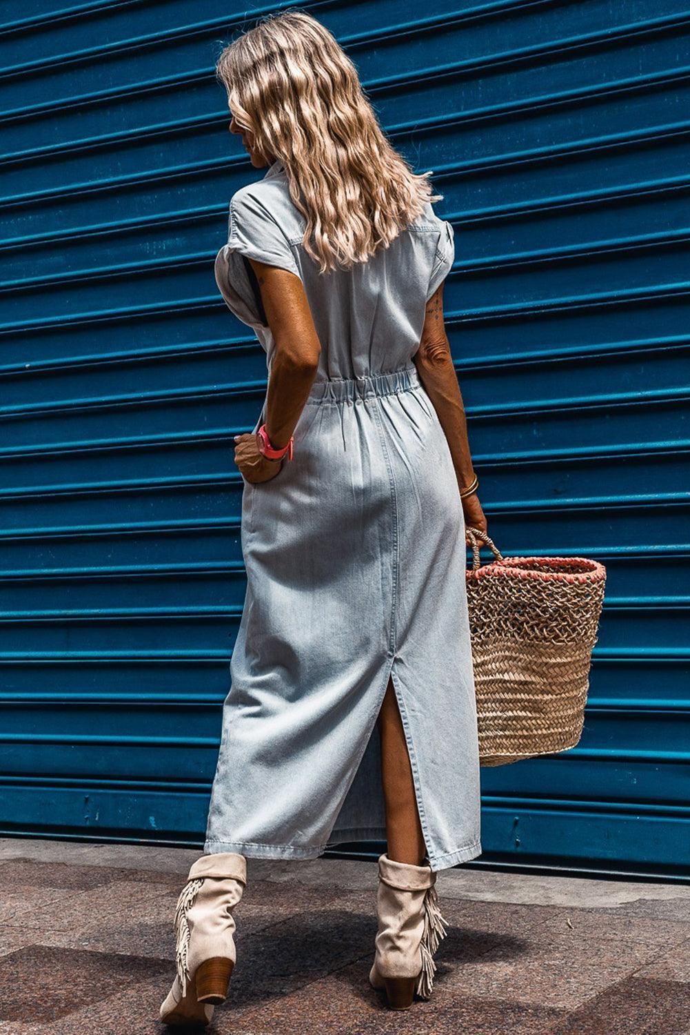 Isobel - Denim Dress with Short Batwing Sleeves